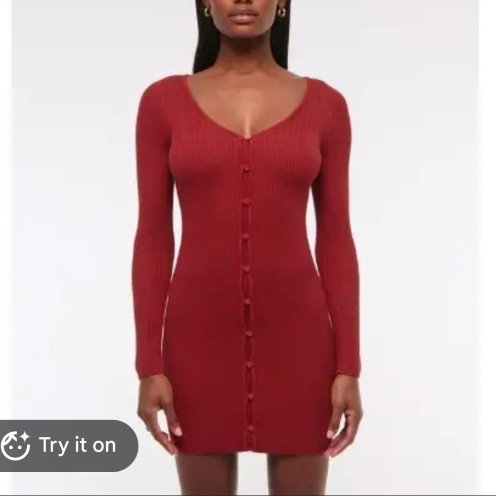 Abercrombie & Fitch Red Ribbed Knit Button Front V-Neck Stretchy Mini Dress Sml
